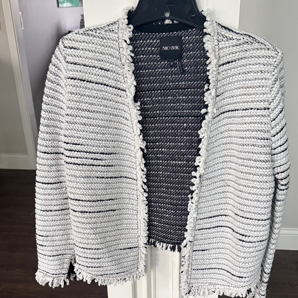 NIC+ZOE White and Black Open-Front Fringe-Trim Knit Cardigan - Picture 1 of 10